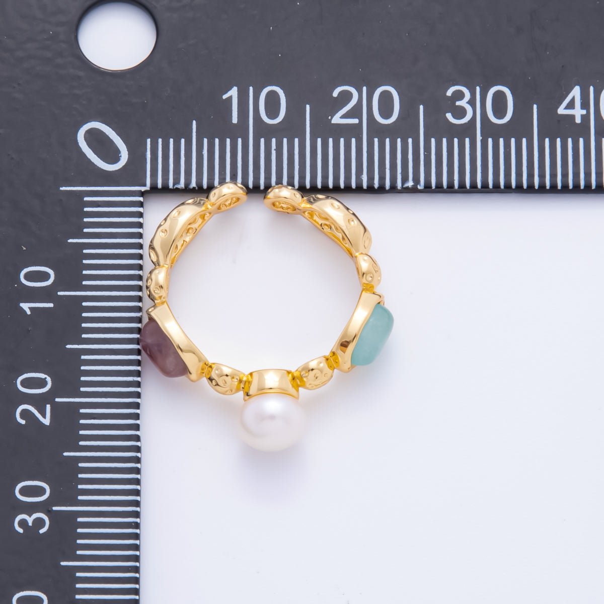 18K Gold Filled Shell Pearl Statement with Pastel Gemstones Adjustable Ring | O-037