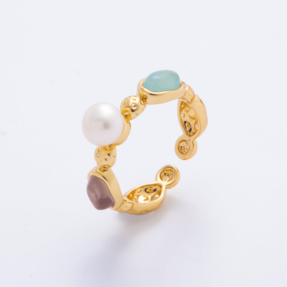 18K Gold Filled Shell Pearl Statement with Pastel Gemstones Adjustable Ring | O-037
