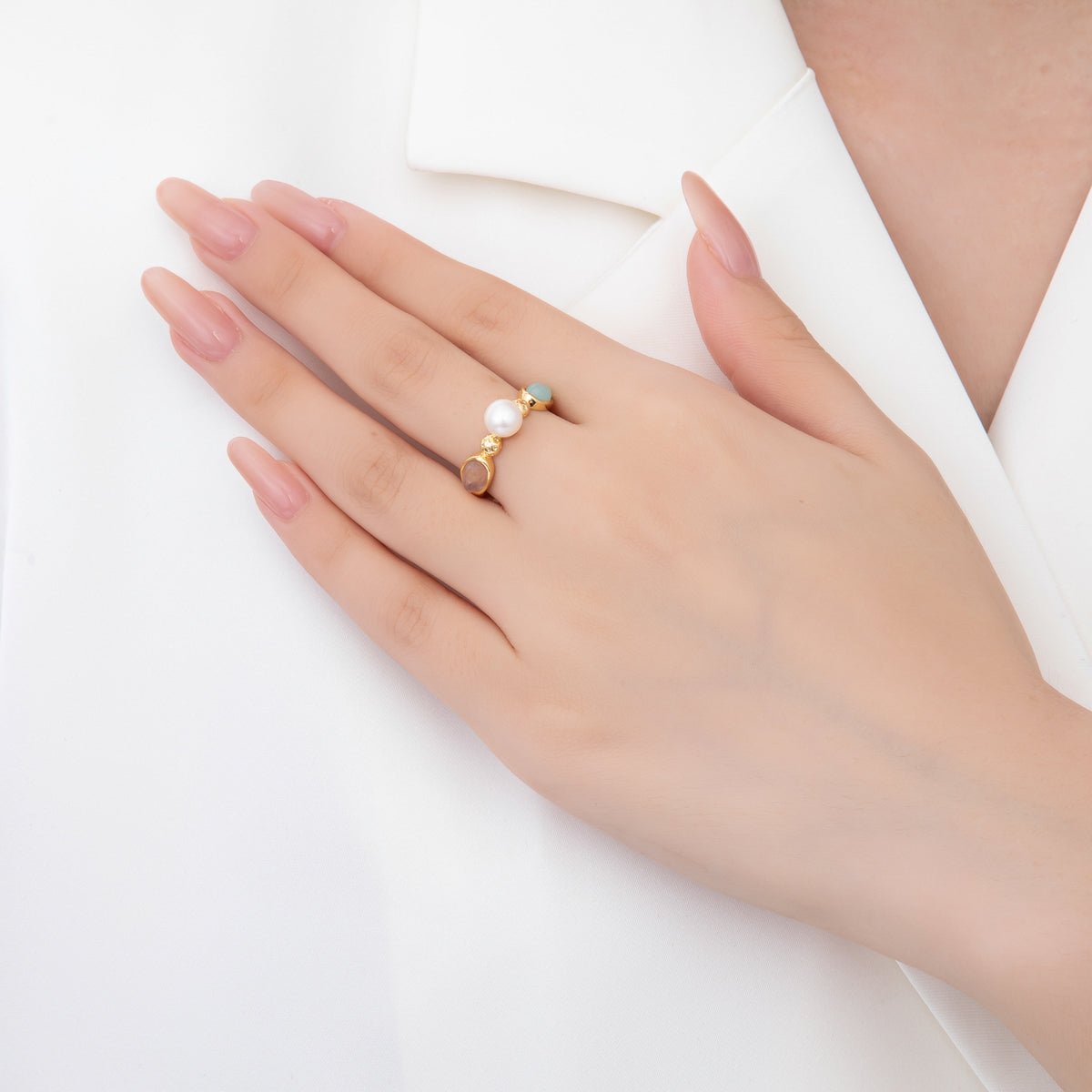 18K Gold Filled Shell Pearl Statement with Pastel Gemstones Adjustable Ring | O-037