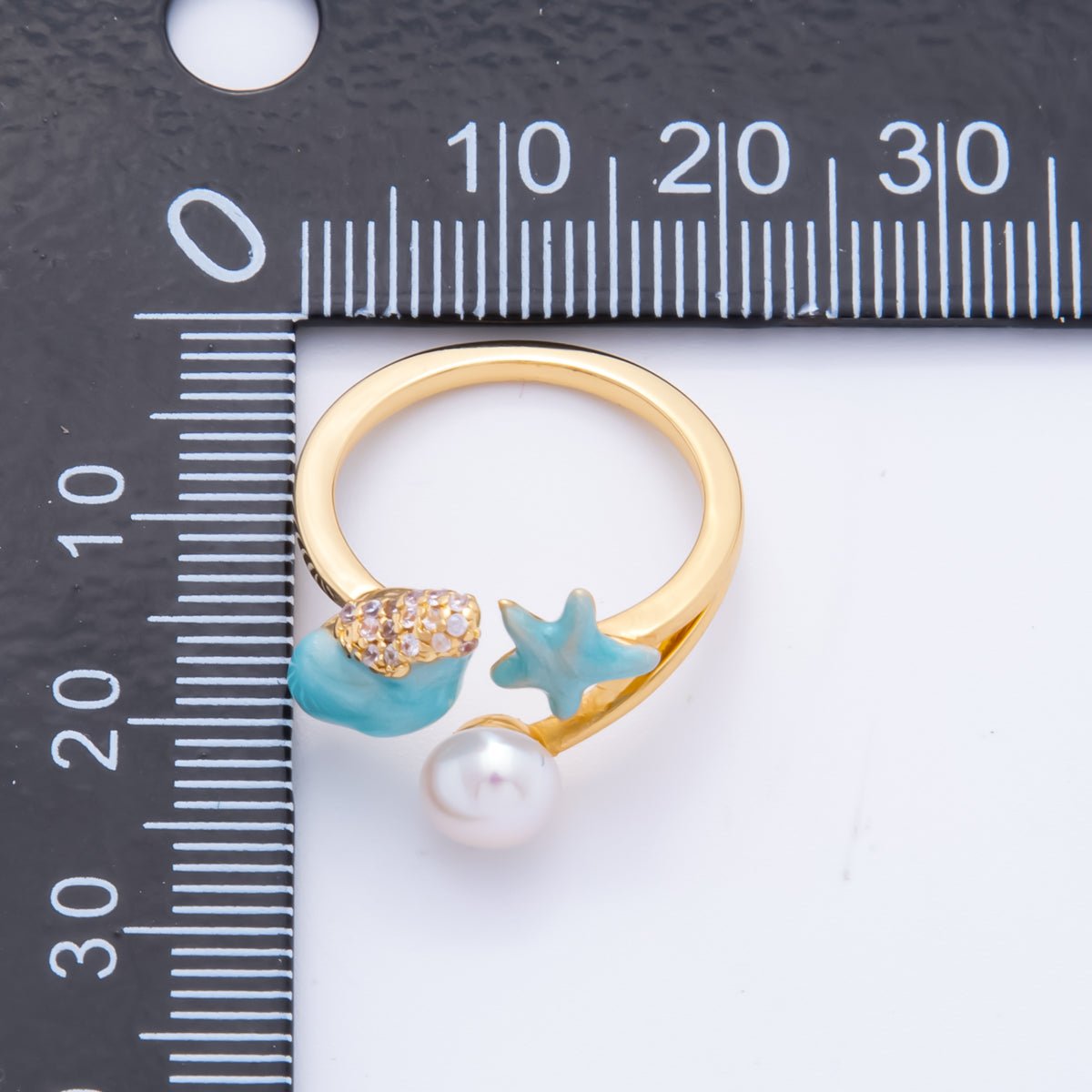 18K Gold Filled Sky Blue Enamel Nautical Theme with Starfish, Clam Shell, & Shell Pearl Adjustable Ring | O-035