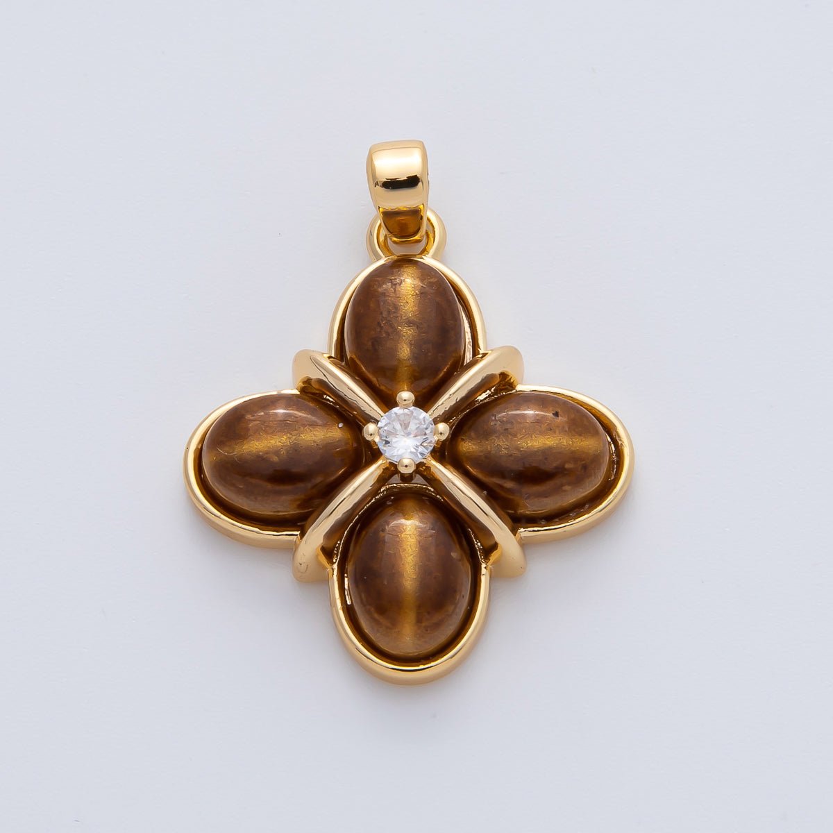 18K Gold Filled Clear CZ Tiger Eye Natural Gemstone Tied Clover Pendant | AF1167