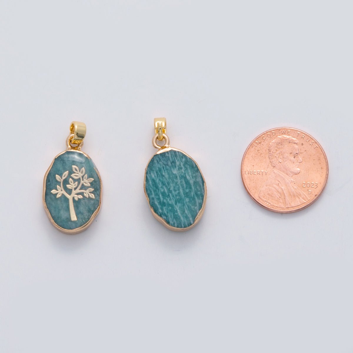 18K Gold Filled Tree Blue Amazonite Oblong Pendant | AH696