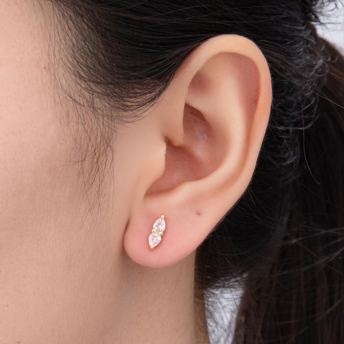 18K Gold Filled Clear CZ Twin Teardrop Linear Studs Earrings | AJ203