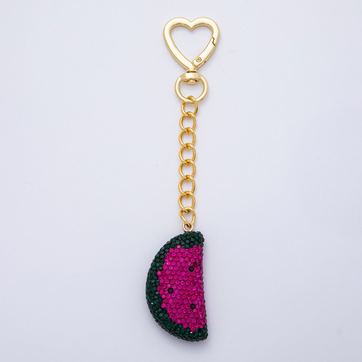 18K Gold Filled Watermelon Bedazzled Bag Charm Heart Push Gate Keychain Accessories | WB-00239