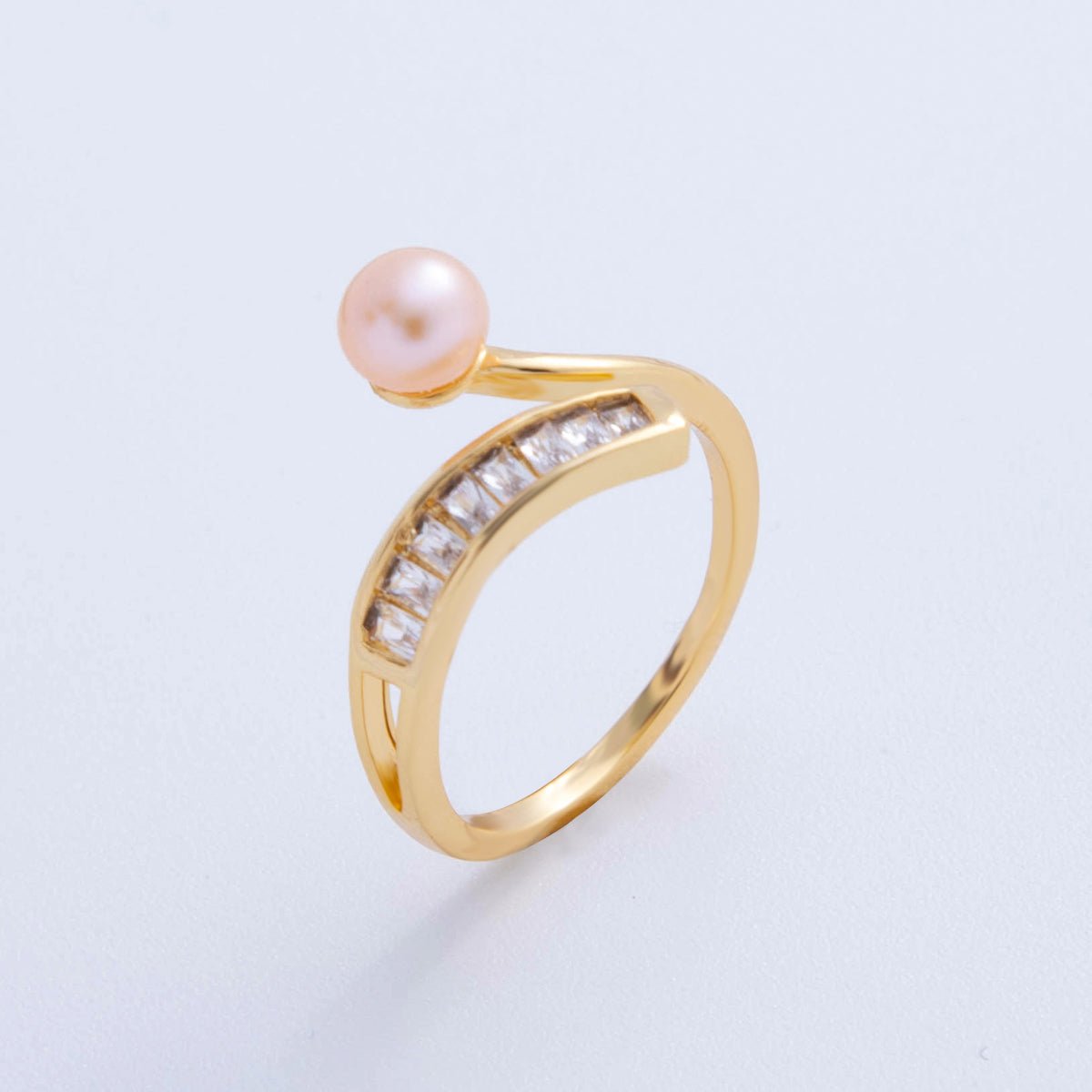 18K Gold Filled White, Pink Shell Pearl Baguette Curved Band Ring | O2027 O2028