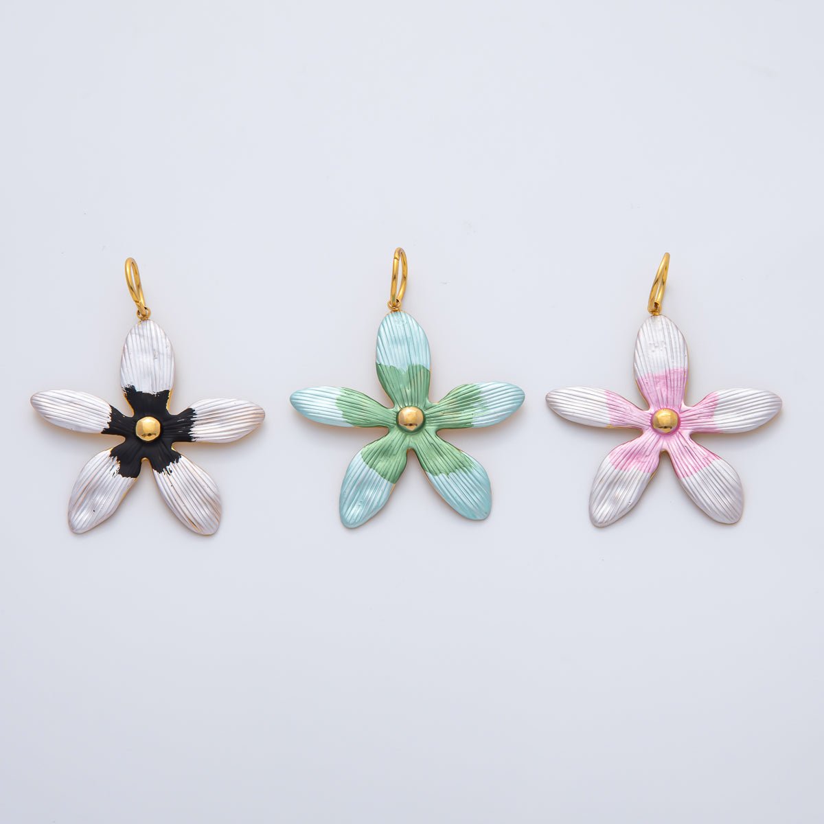 18K Gold Plated 41mm Black, Green, Pink Enamel Flower Charm | AF1424 AF1425