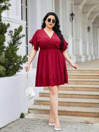 Plus Size Ruched Surplice Flounce Sleeve Mini Dress Online