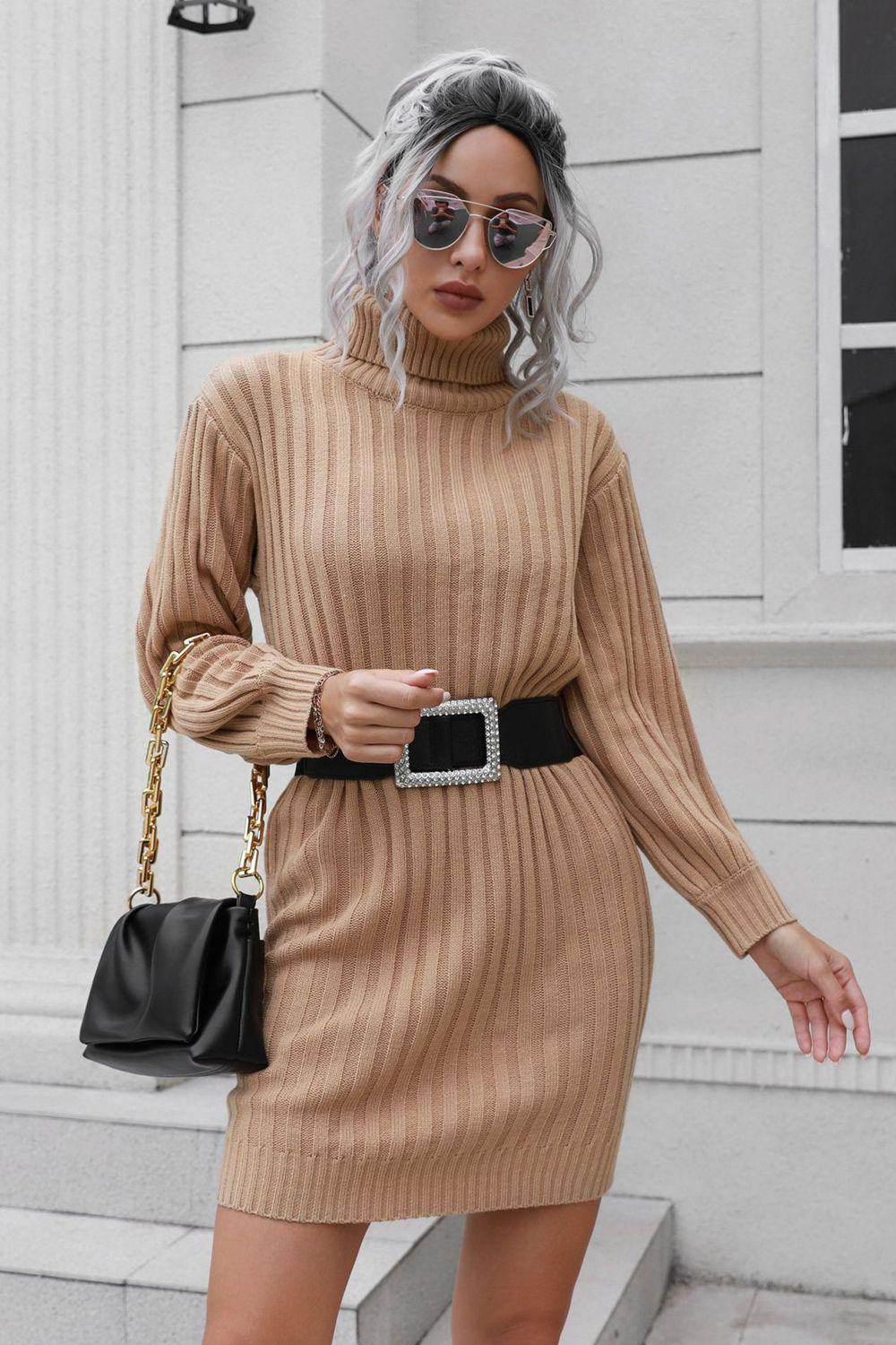 Ribbed Turtle Neck Long Sleeve Mini Sweater Dress for Women