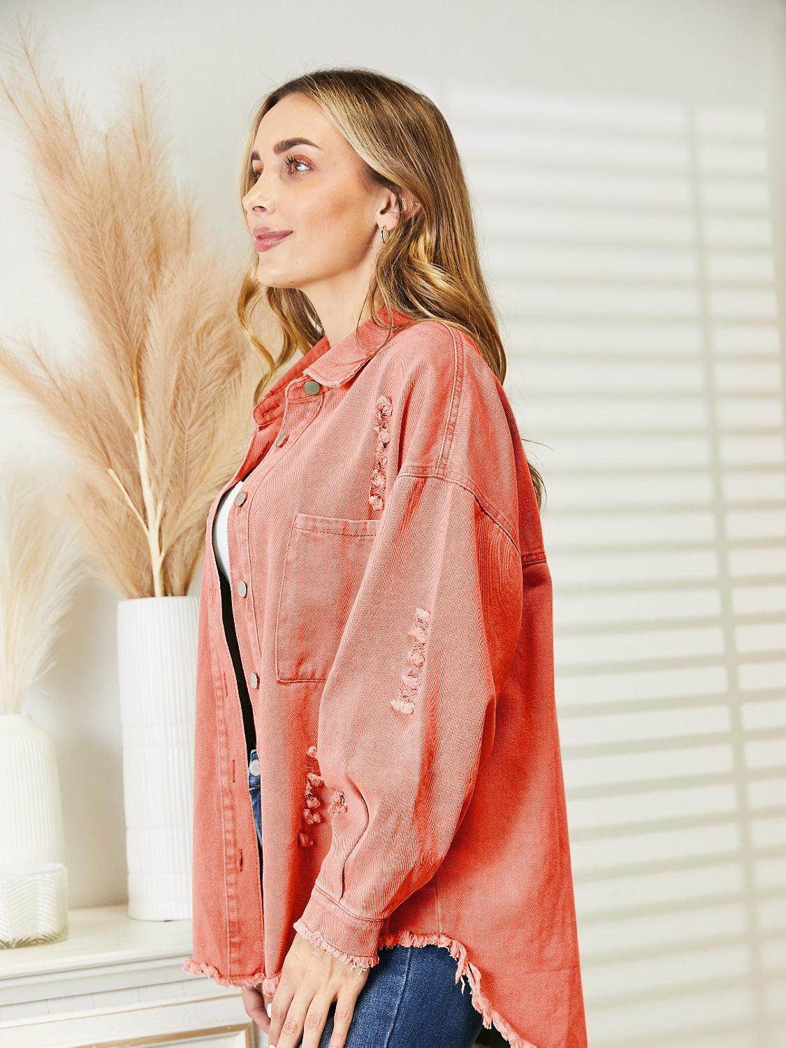 Distressed Raw Hem Denim Jacket for Relaxed Fit Style