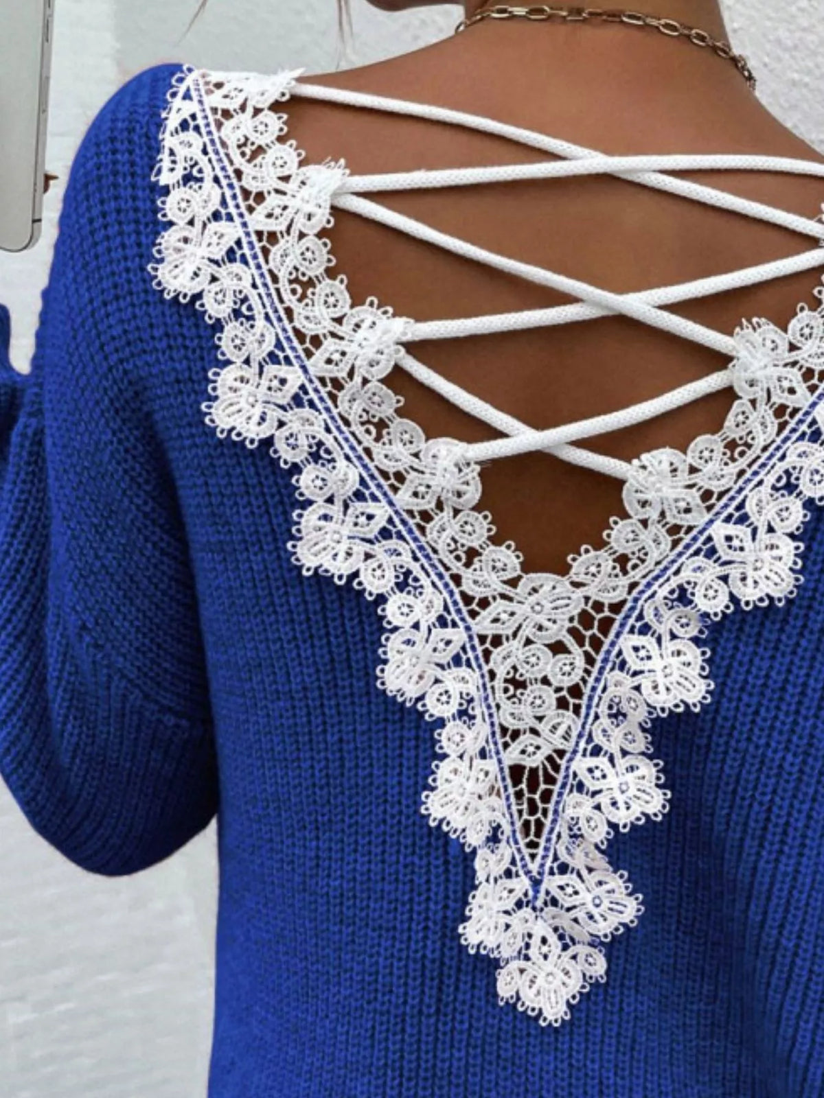 Lace-Trimmed Back V-Neck Sweater