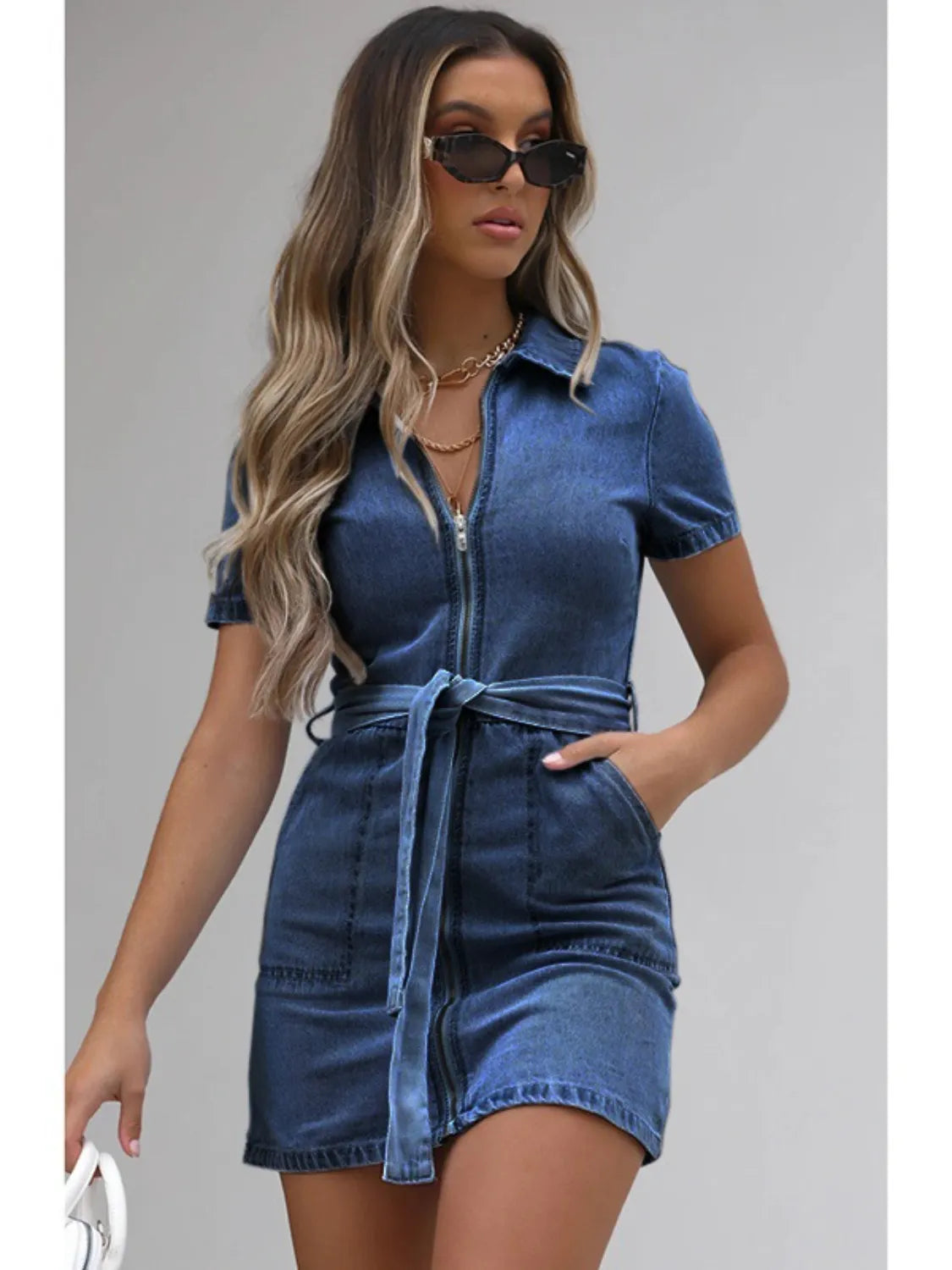 Full Size Zip Front Short Sleeve Denim Dress Plus Size