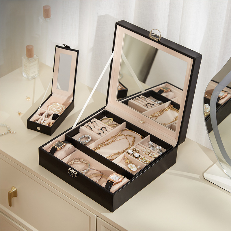 PU leather lockable mirror three-layer single-layer jewelry box