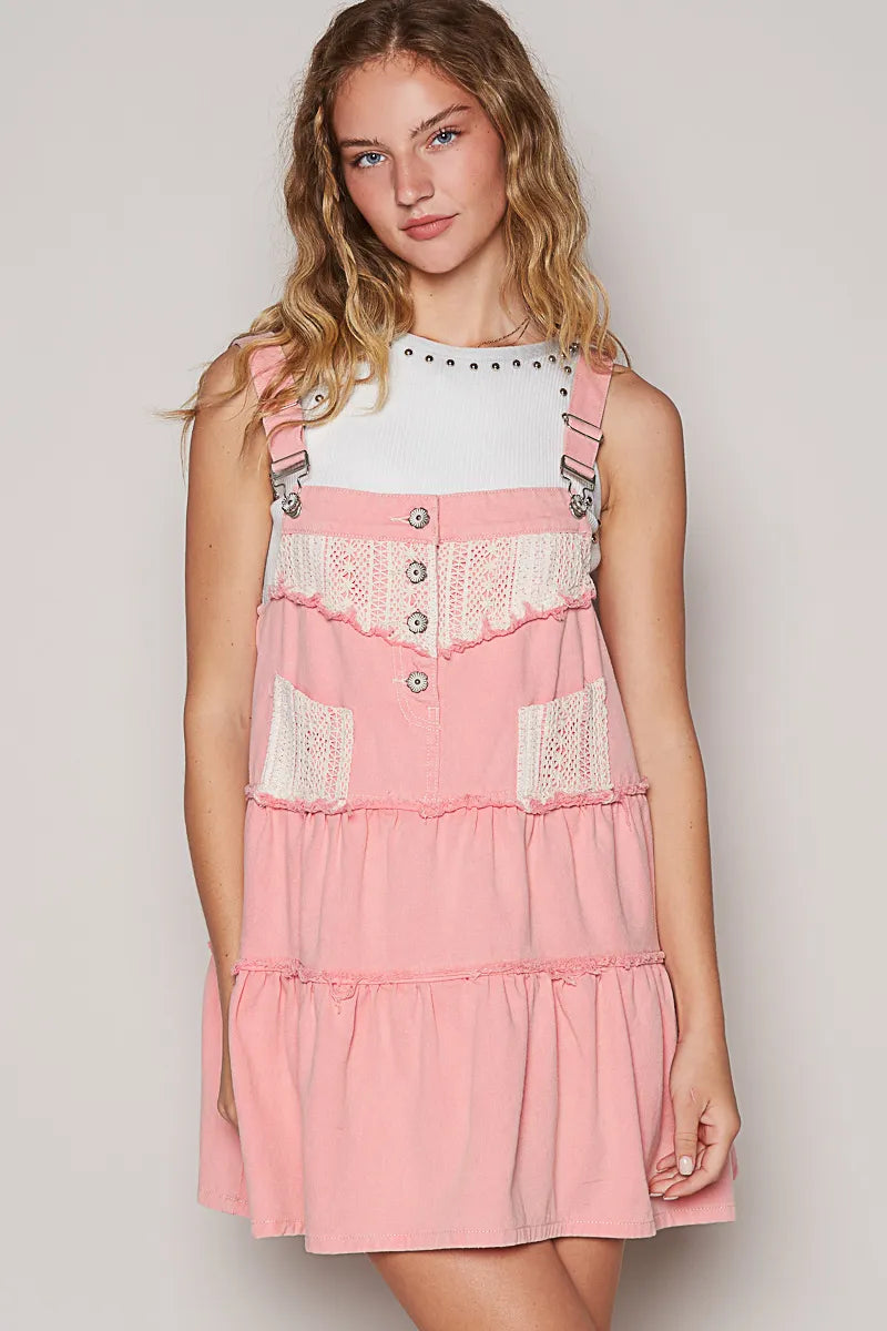 POL Lace Patchwork Detail Denim luxury Dress