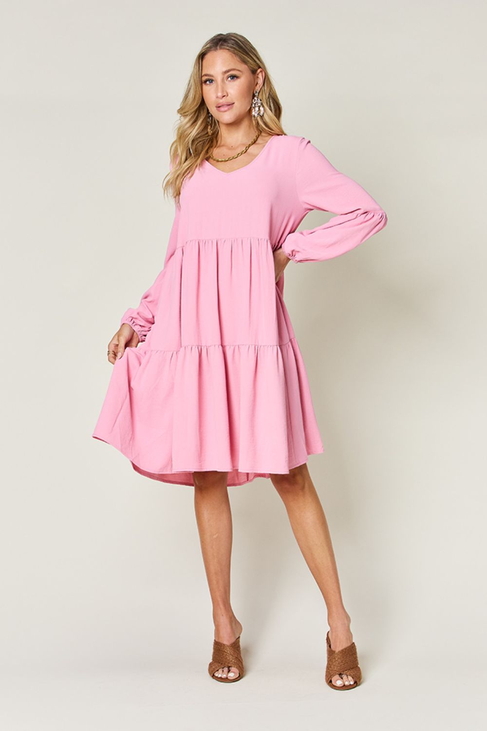 V-Neck Balloon Sleeve Tiered Boho Midi Dress