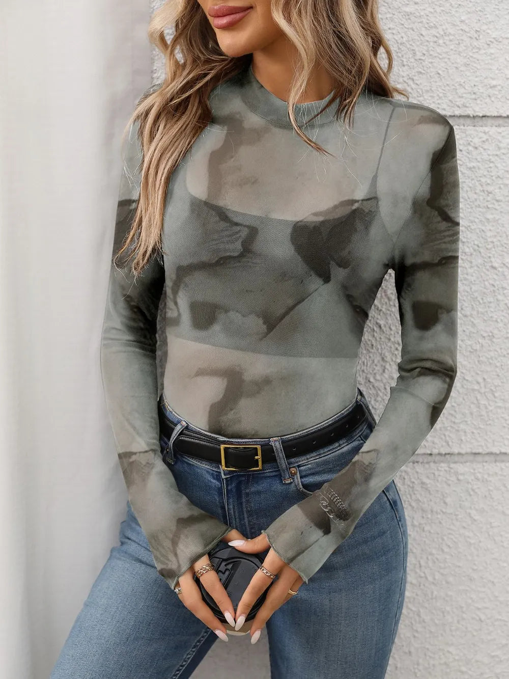 Printed Mock Neck Long Sleeve Mesh T-Shirt