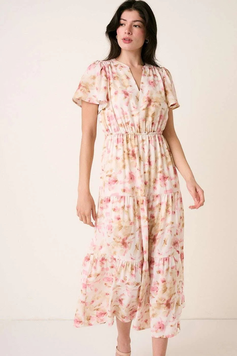 Mittoshop Flower Print Flutter Sleeve V Slit Maxi Dress