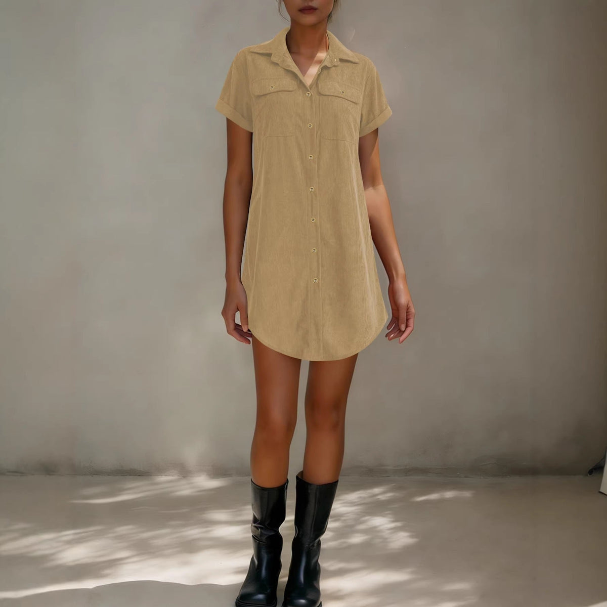 Independent Site Cross-Border Foreign Trade Retro Casual Corduroy Shirt Dress Loose Slimming Short-Sleeve Turn-Down Collar Dress Women&