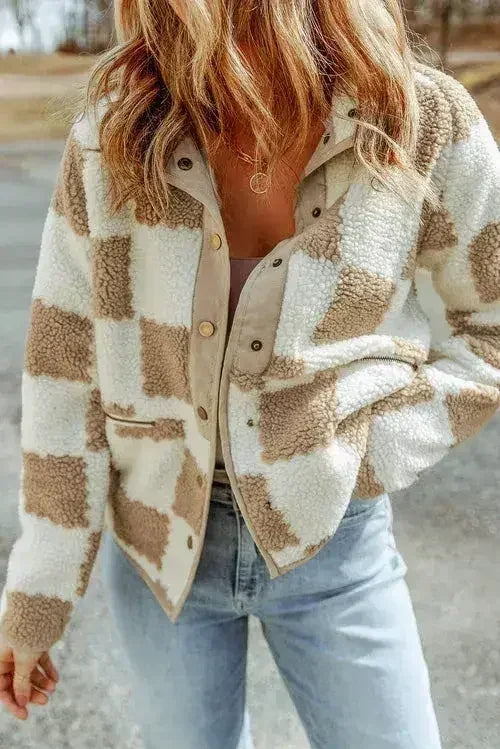 Plaid Sherpa Jacket - Brown Check Snap Button - Cozy Fleece Lined