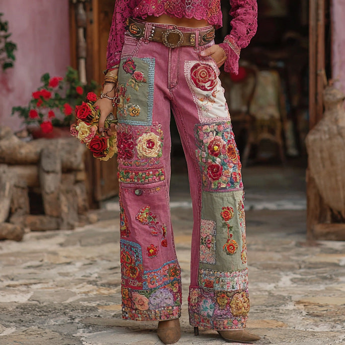 Womens Denim Jeans Womens Trousers With Colorful 3D Floral Prints