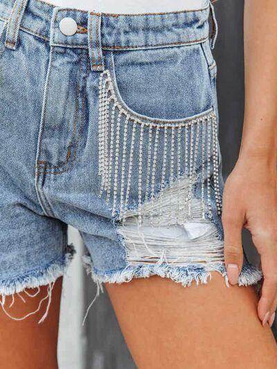 Distressed Fringe Denim Shorts with Pockets for Women