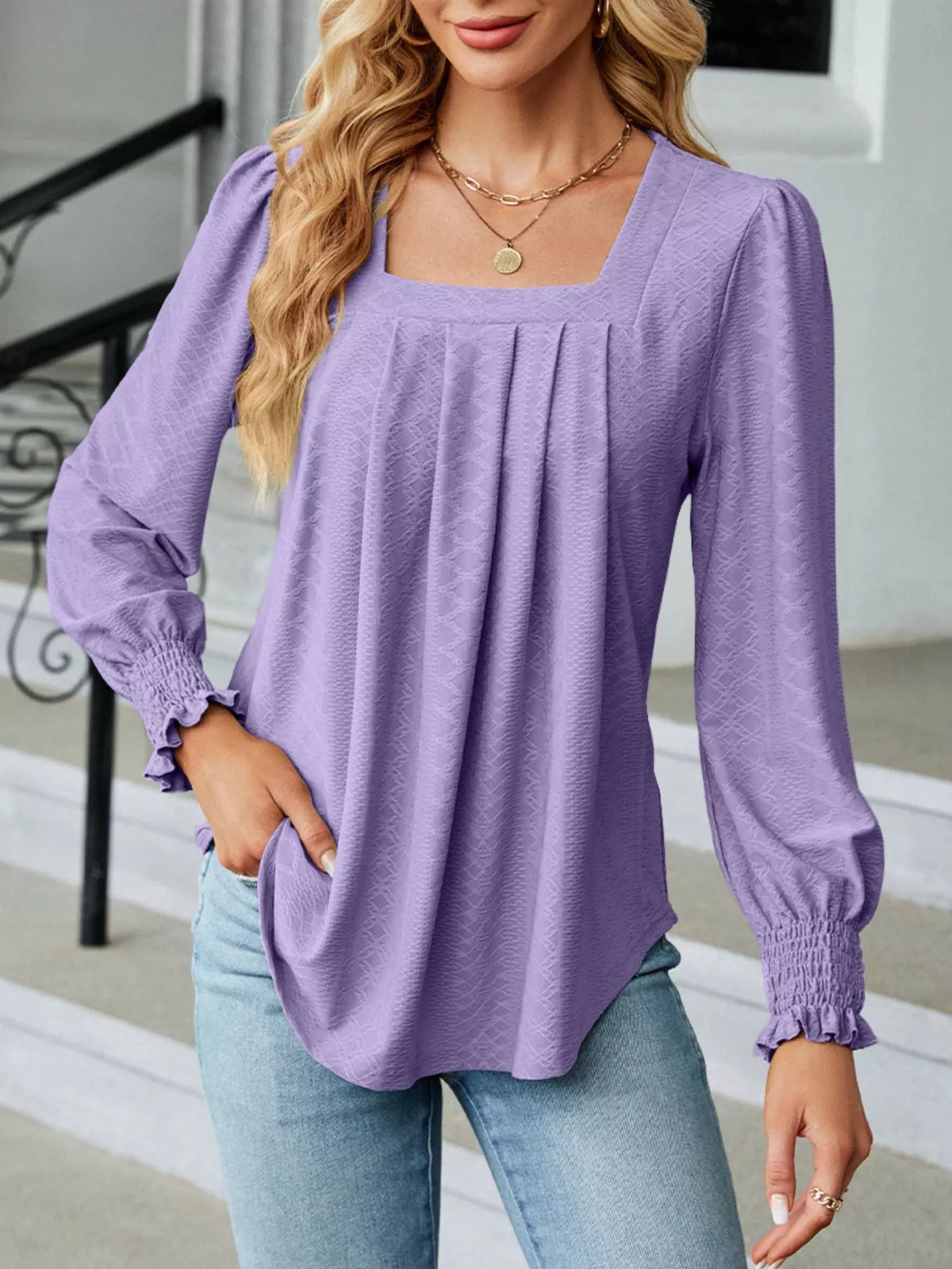 Pleated Square Neck Long Sleeve Top