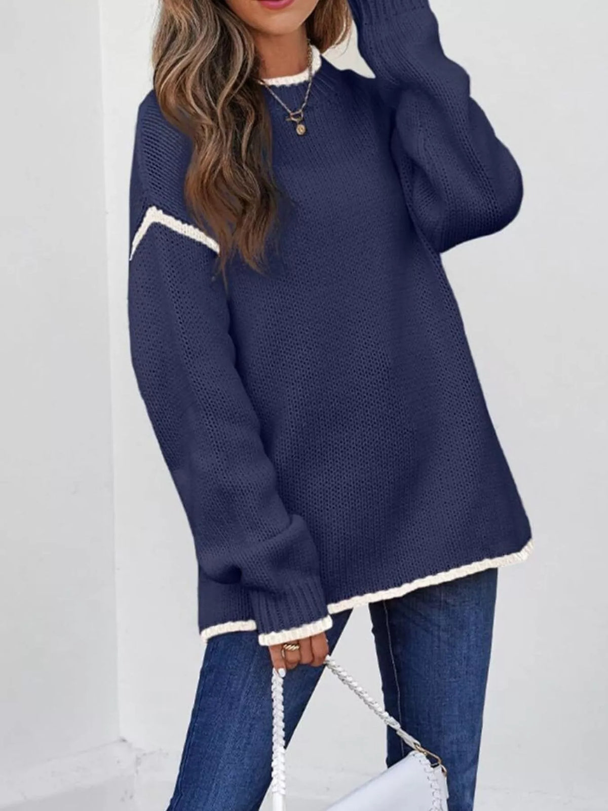 Contrast Trim Long Sleeve Sweater
