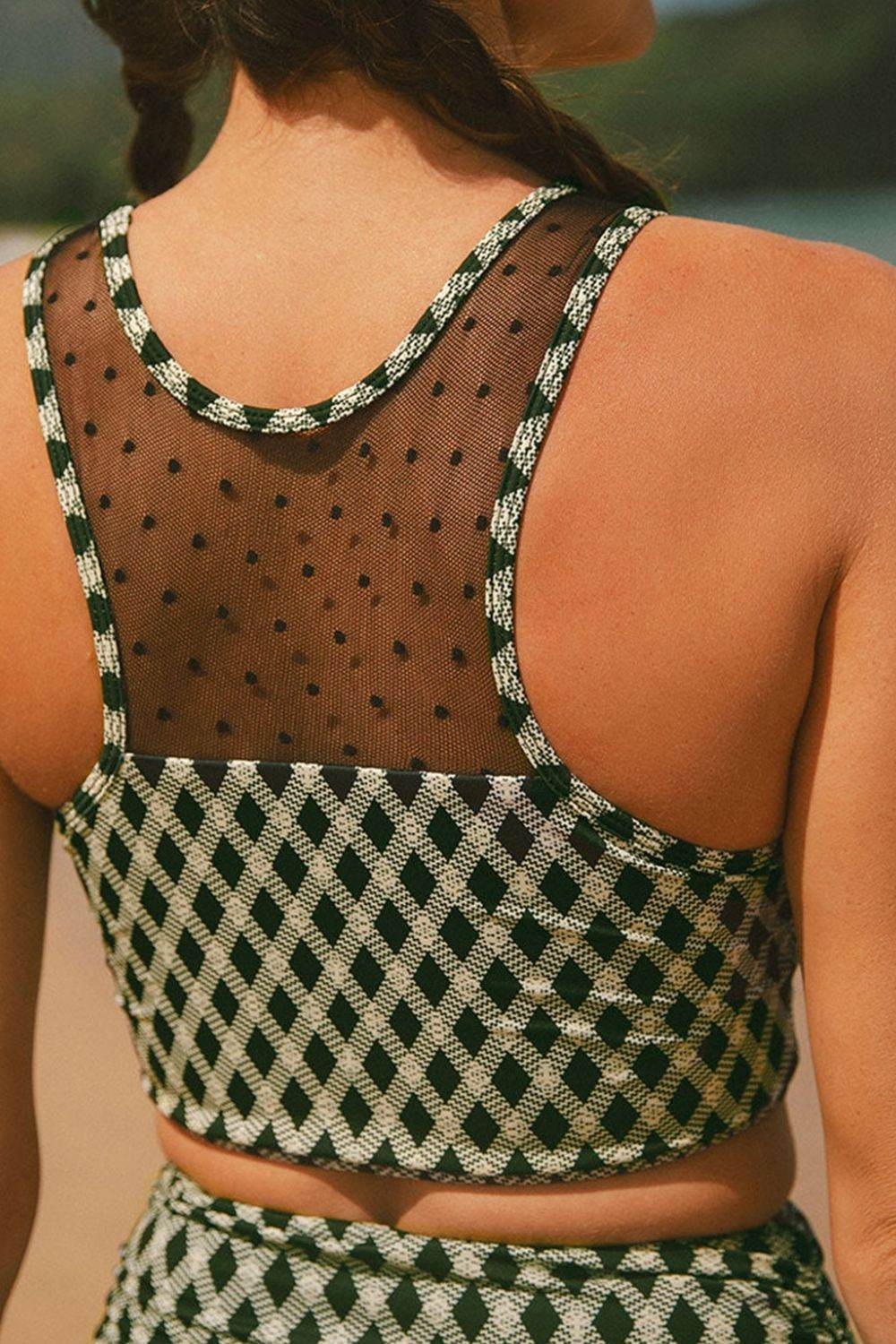 Dotted Mesh Plaid Patchwork High Waisted Swim Set