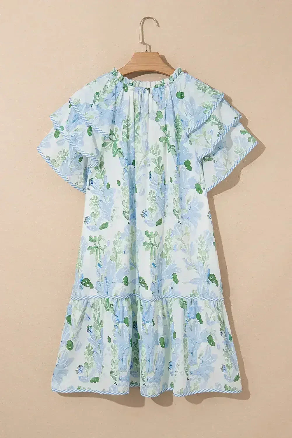Sky Blue Floral Contrast Edge Ruffle Sleeve Tie Neck Mini Dress