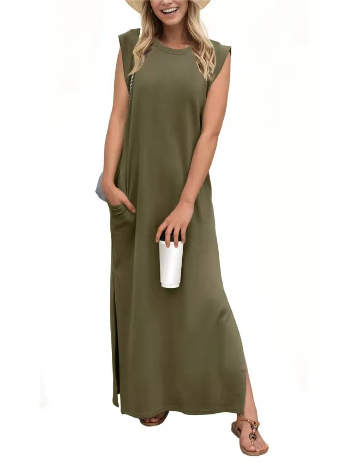 Full Size Slit Round Neck Sleeveless Maxi Tank Dress Plus Size