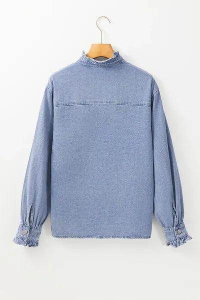 Frill Button Up Long Sleeve Denim Top for Stylish Women