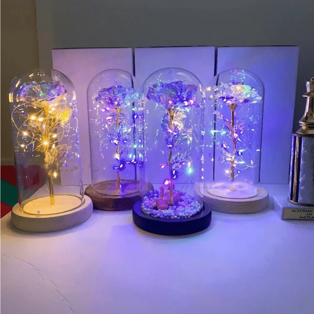 20 Led Lights Crystal Galaxy Rose in The Glass Dome Gift for Girlfriend - Beauty and The Beast Style Galaxy Rose Flower Gift