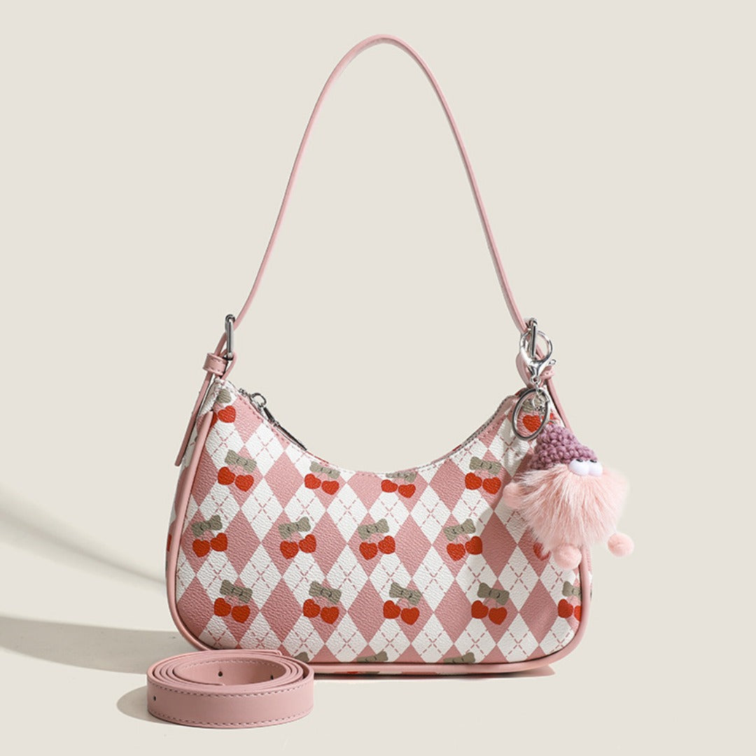 Small versatile shoulder bag, cute cherry pattern shoulder bag, top handle bag, crescent bag hobo