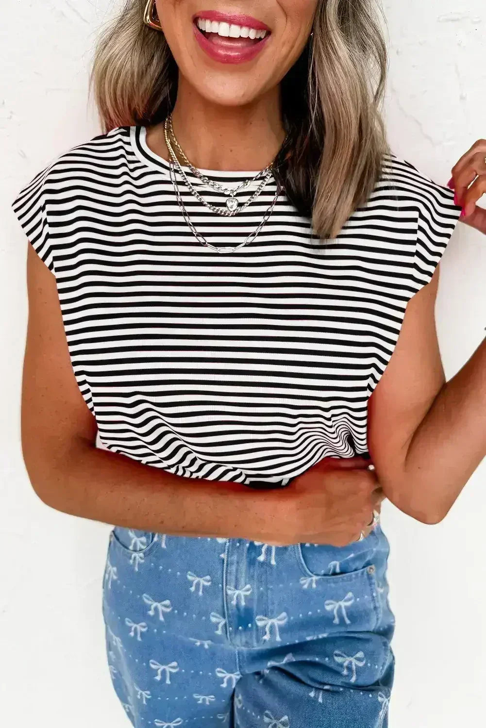 Black Stripe Ribbed Cap Sleeve Round Neck T Shirt