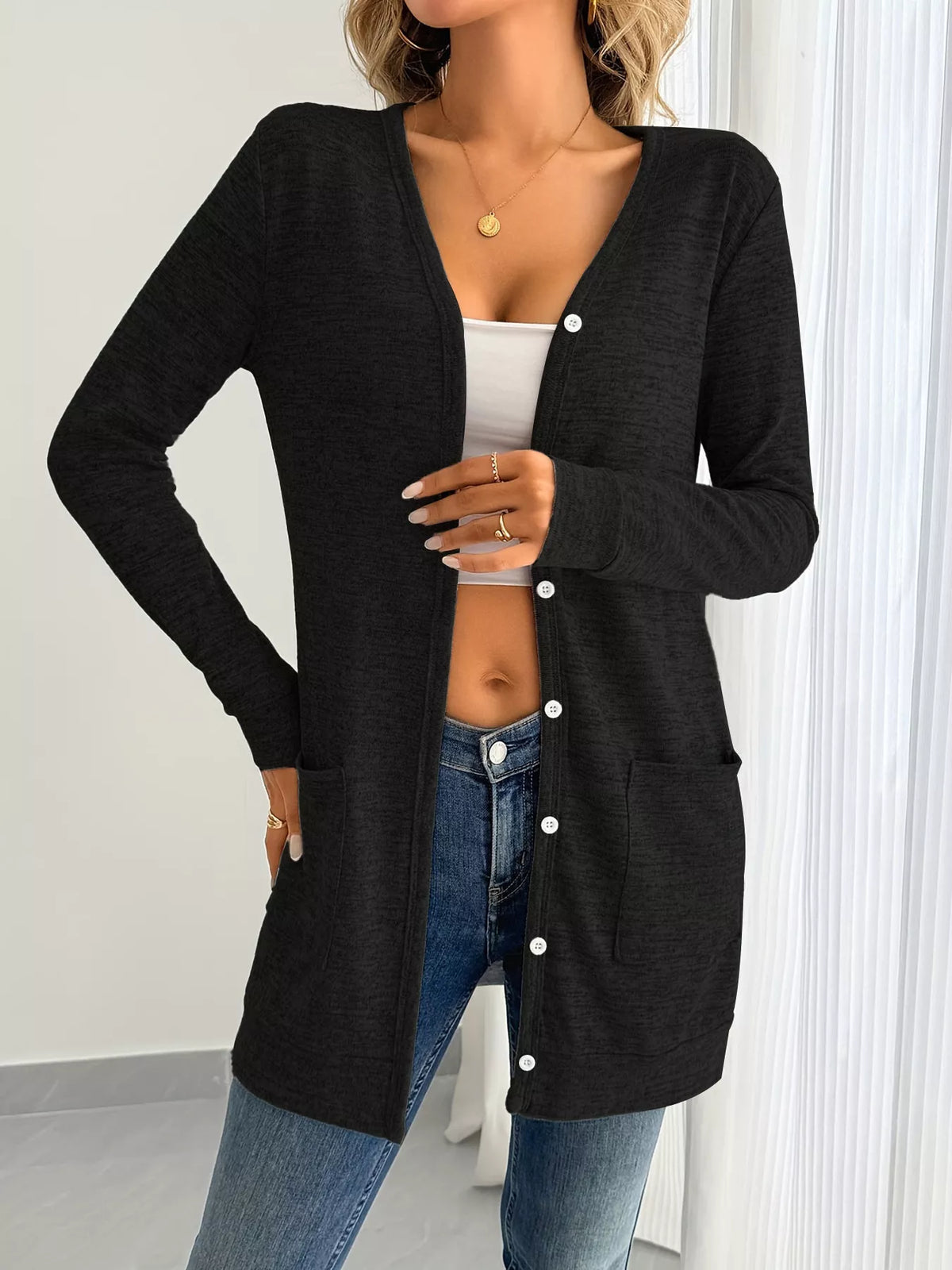 Open Front Longline Cardigan with Side Pockets