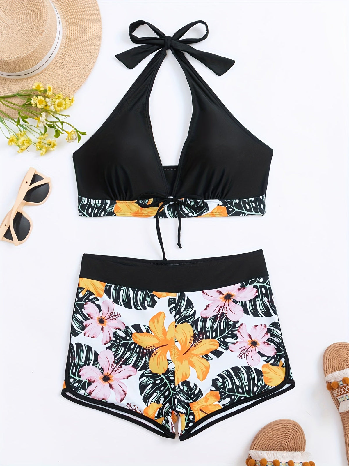 Bikini Floral Halter Neck 2 Piece Swimsuit for Women – Elegant Backless Bikini Set with Tie-Neck Bow and High Waist Shorts Bottoms – Stretchy and Comfortable Summer Swimwear for Beach Pool and Vacation