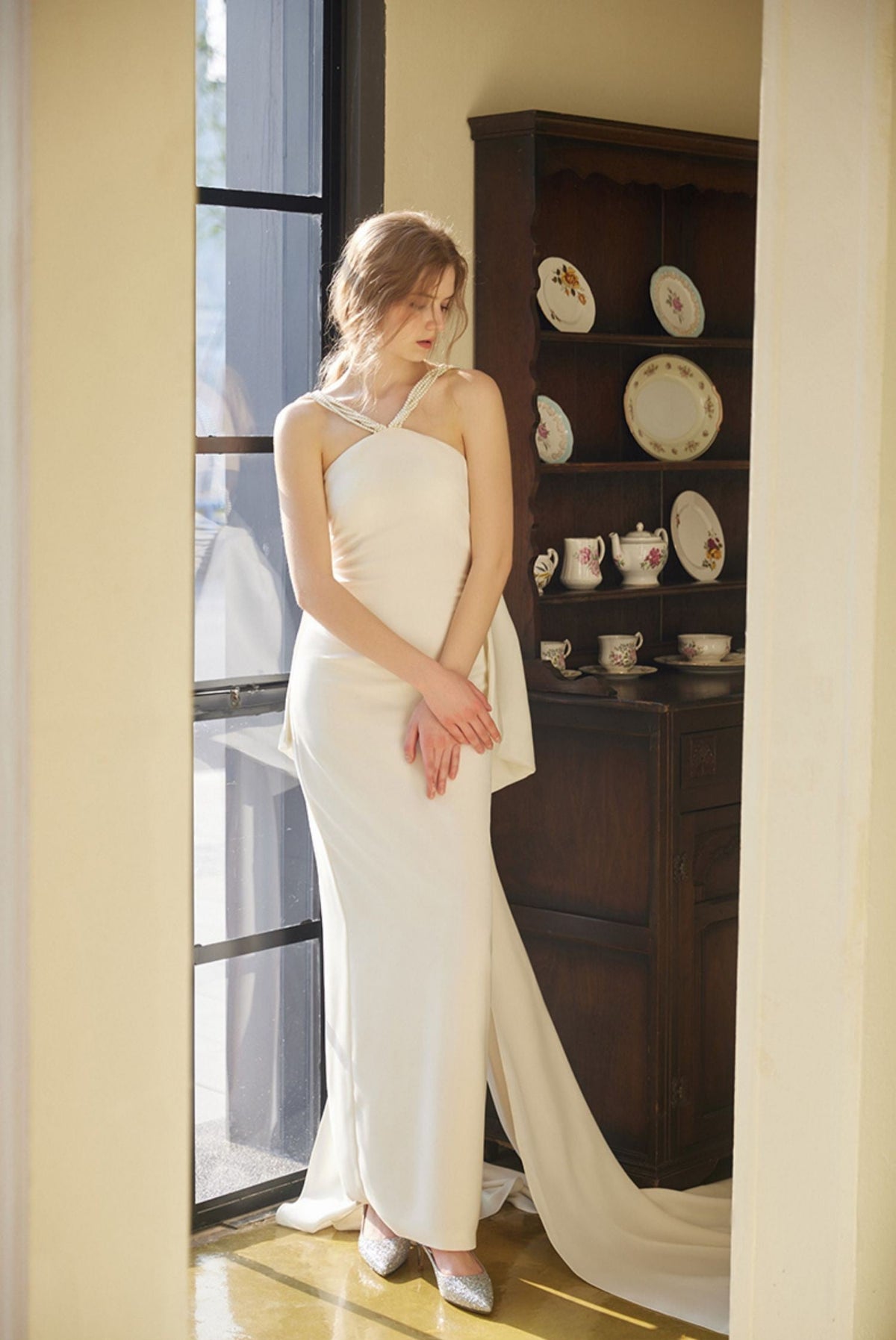Pearl Strap Halter Satin Wedding Dress with Dramatic Back Bow and Train