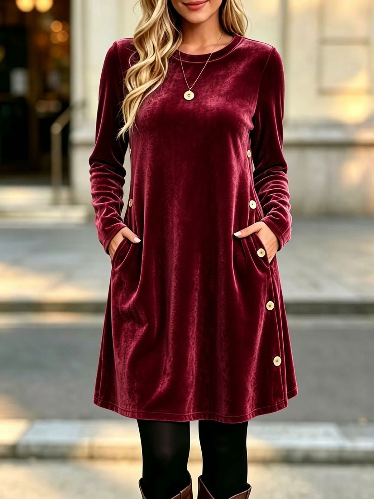 Womens Solid-color Velvet Long-sleeve Dress With Buttons