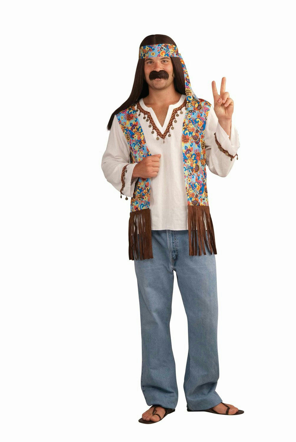 Male Hippie Costume Groovy Shirt with Attached Vest and Headband Costume Set