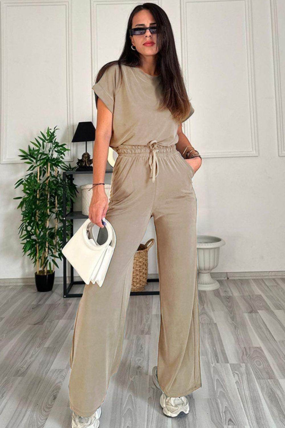 Round Neck Short Sleeve Top and Drawstring Pants Set for Women
