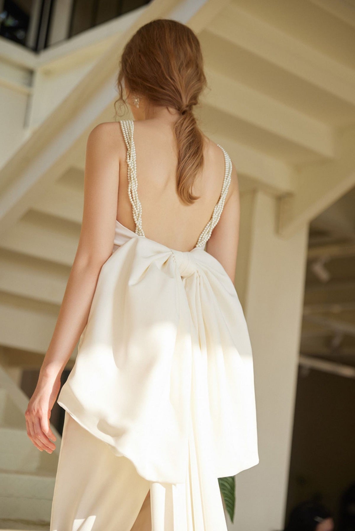 Pearl Strap Halter Satin Wedding Dress with Dramatic Back Bow and Train