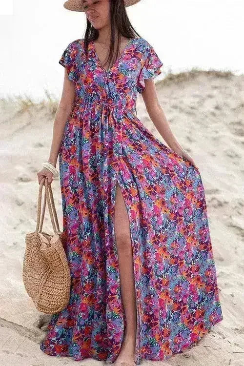 Floral Print V-Neck Wrap Maxi Dress - Women&