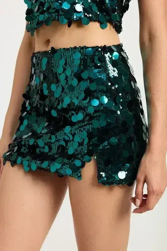 Sequin Emerald Green Mini Skirt – Sparkly with Thigh Slit | Sizes S-L
