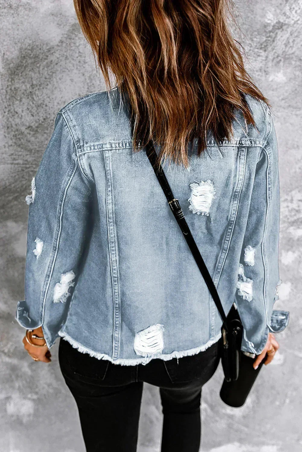 Light Blue Distressed Denim Jacket with Raw Hem – Femstylo