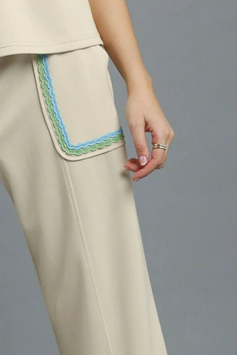 Umgee Drawstring Wide Leg Pants with Scallop Trim Detail