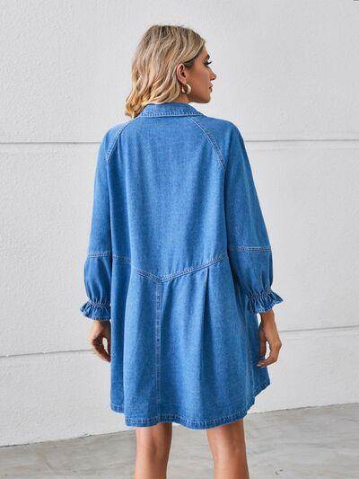Button Up Flounce Sleeve Mini Denim Dress for Women