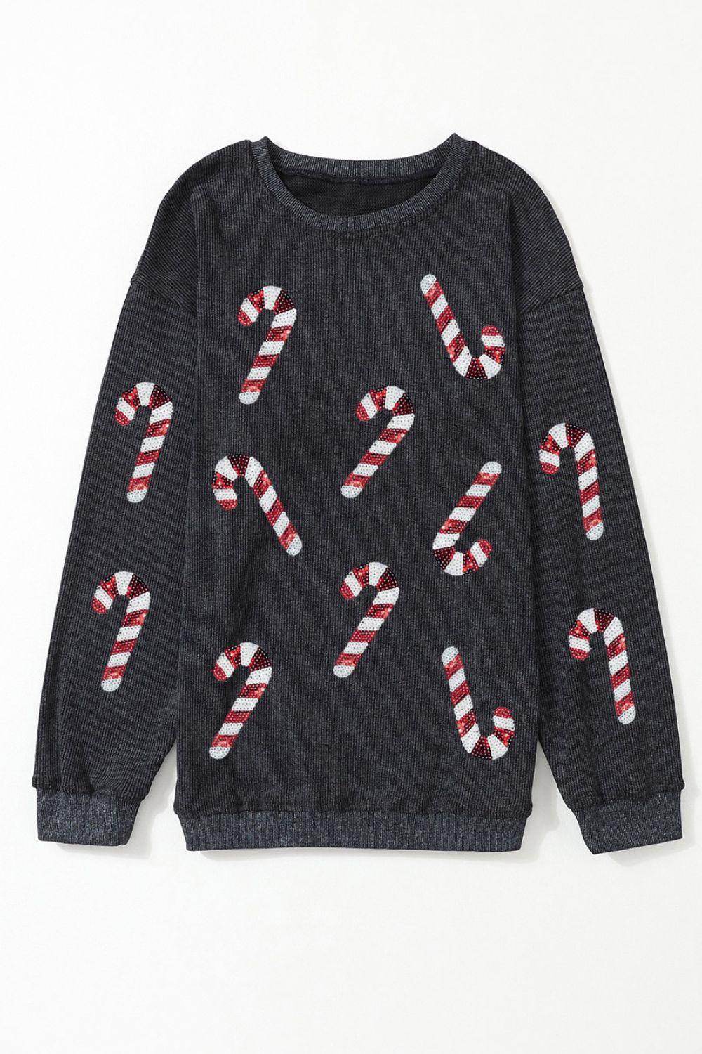 Sequin Candy Cane Round Neck Sweatshirt for Women