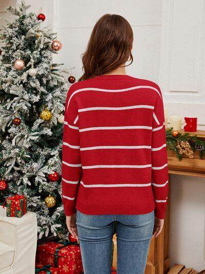Sequin Santa Striped Round Neck Long Sleeve Sweater for Women