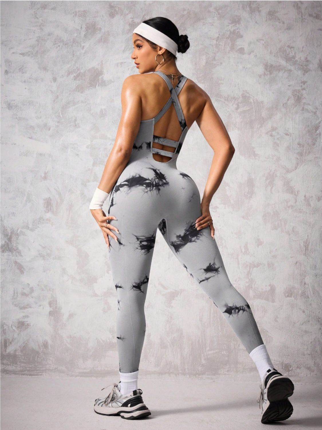 Back Crisscross Tie-Dye Scoop Neck Active Jumpsuit