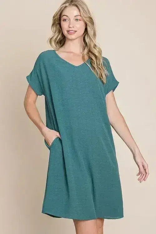 BOMBOM V-Neck Short Sleeve Dress with Pockets