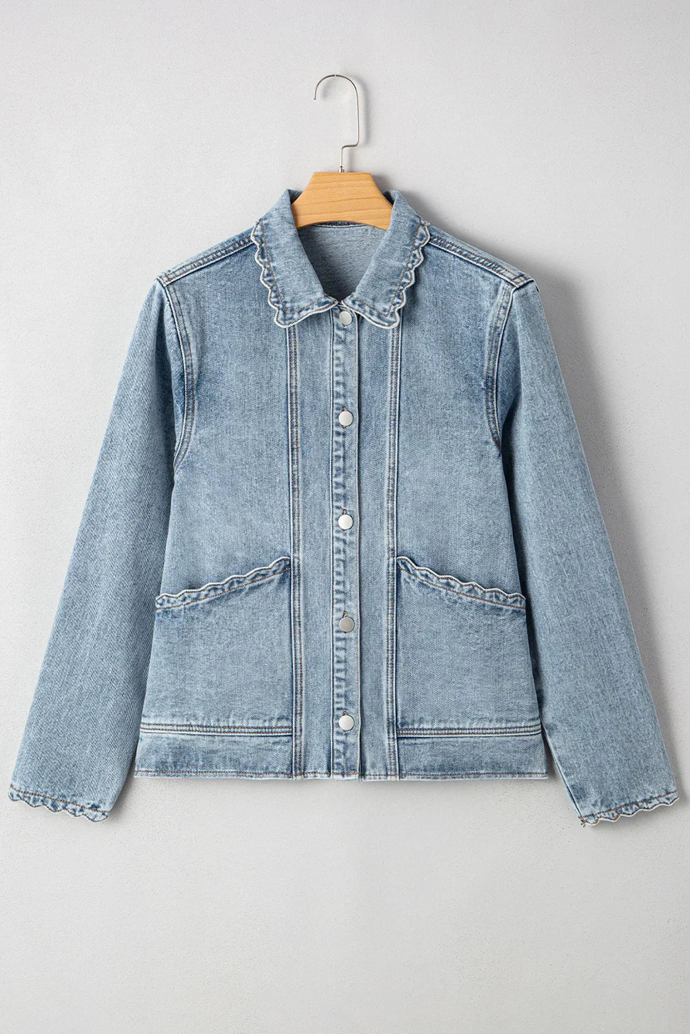Myosotis Scallop Trim Collar Pocket Button Up Denim Jacket